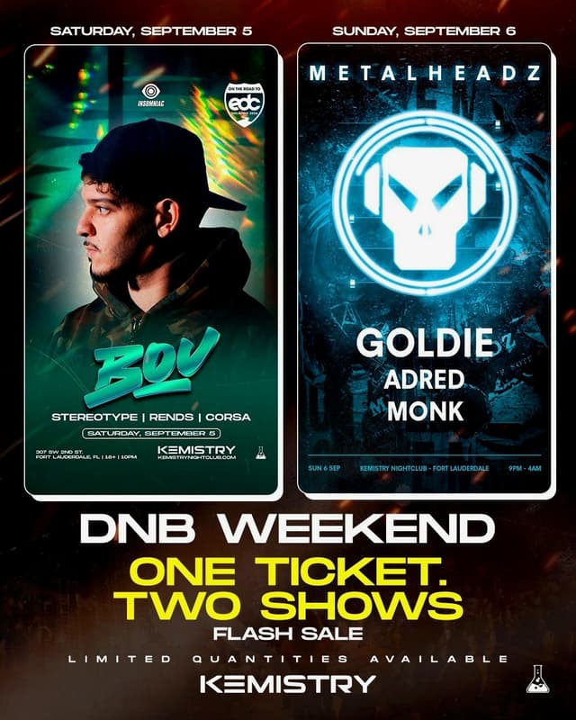 DnB WEEKEND BUNDLE (BOU + GOLDIE) at Kemistry Night Club